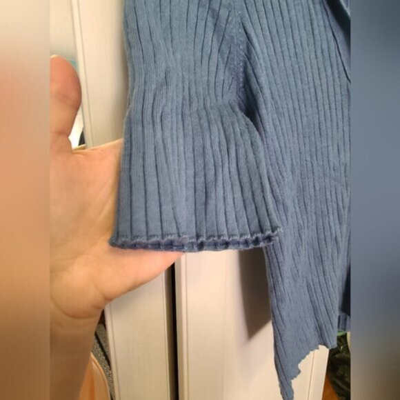 DYNAMITE Blue Collared VNeck Short Sleeve Ribbed Knit Academia Prep Sweater - Picture 4 of 7